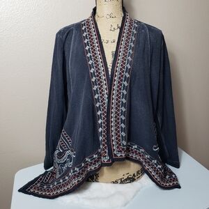 Monoreno Embroidered Acid Wash Knit Open Jacket with Pockets-Size M